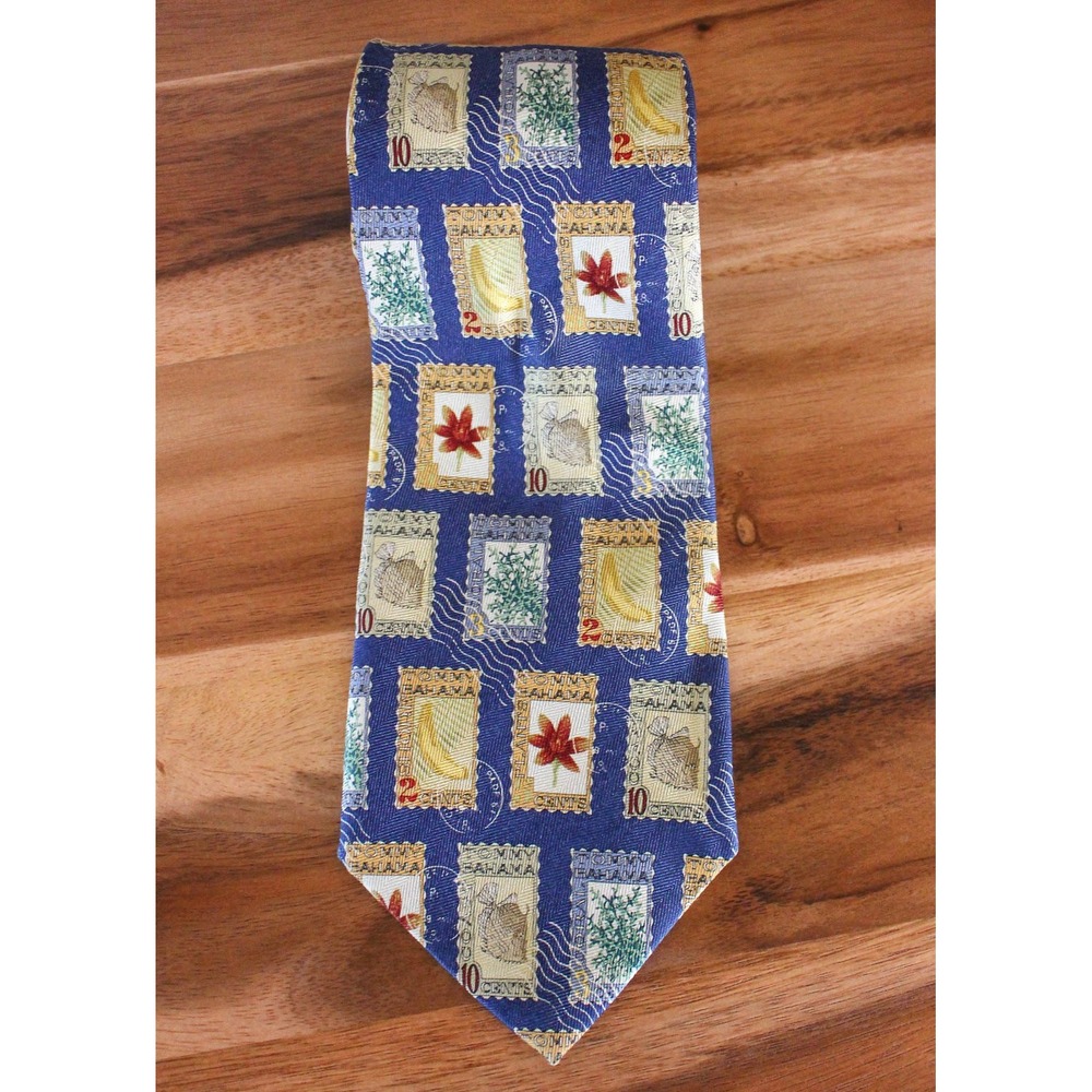 Tommy Bahama Silk Neck Tie Blue Postage Stamp Print Tropical 58" Made in USA